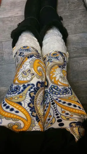One Size Blue, Gold & White Paisley Print Leggings