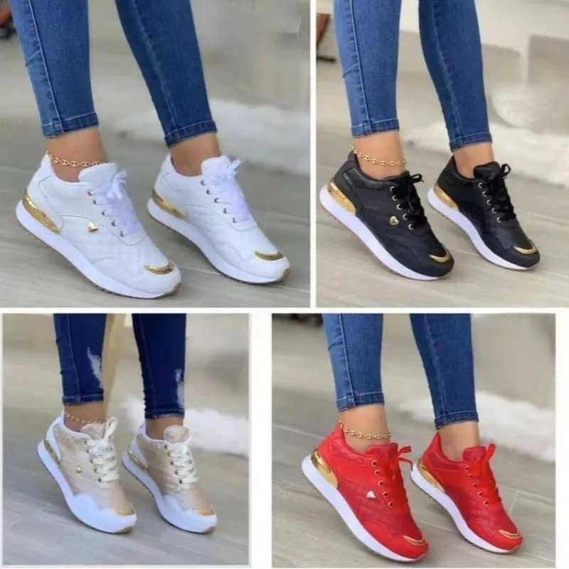 Plaid Sneakers Women Patchwork Lace Up Shoes With Love Decor