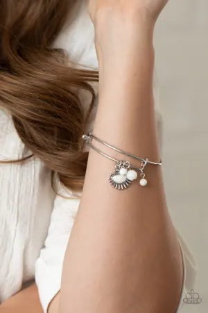 "Mind Body and Sol" Silver & White Stones and Beads Charm Tension Bracelet