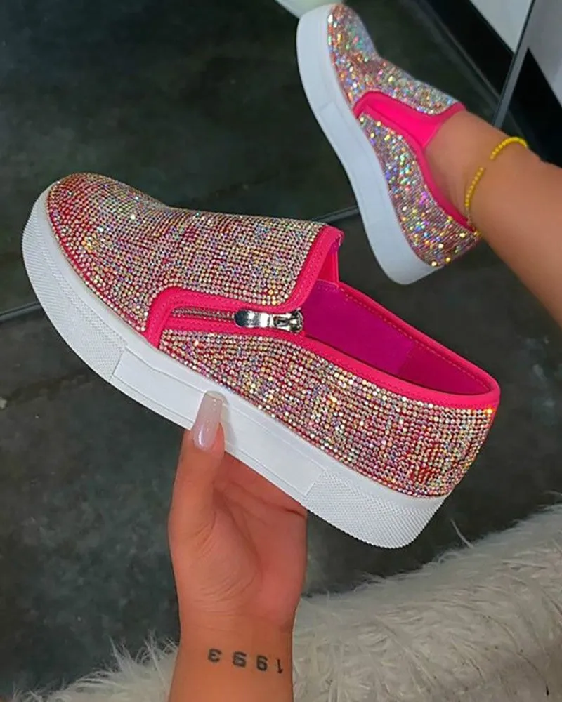 Rhinestone Zipper Design Close Toe Platform Shoes