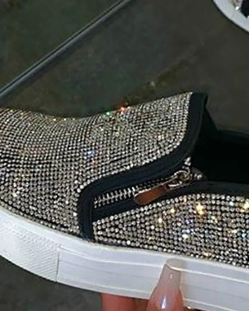 Rhinestone Zipper Design Close Toe Platform Shoes