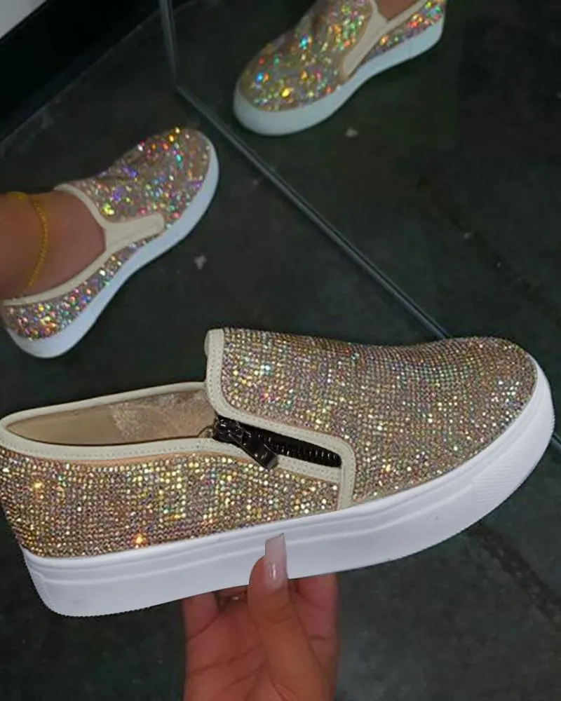 Rhinestone Zipper Design Close Toe Platform Shoes