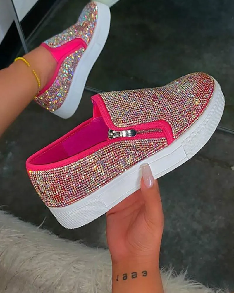 Rhinestone Zipper Design Close Toe Platform Shoes