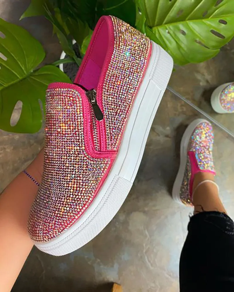 Rhinestone Zipper Design Close Toe Platform Shoes