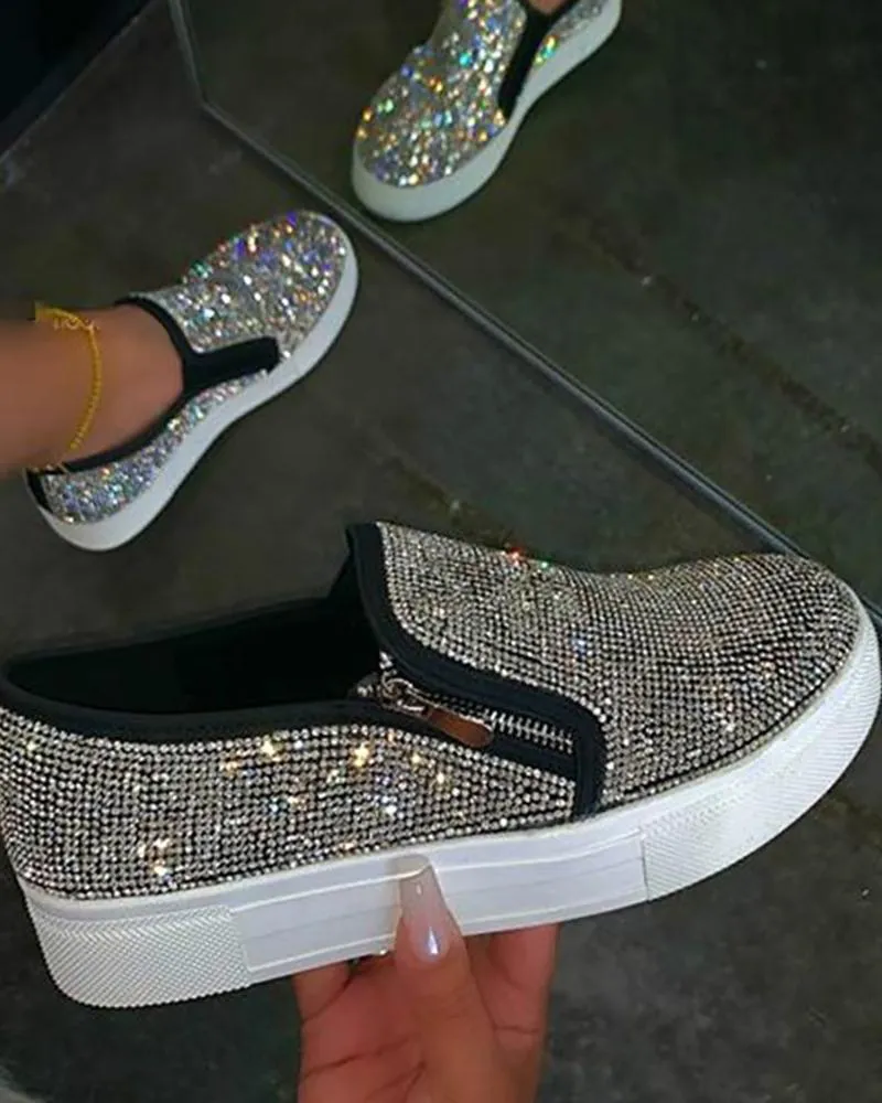 Rhinestone Zipper Design Close Toe Platform Shoes