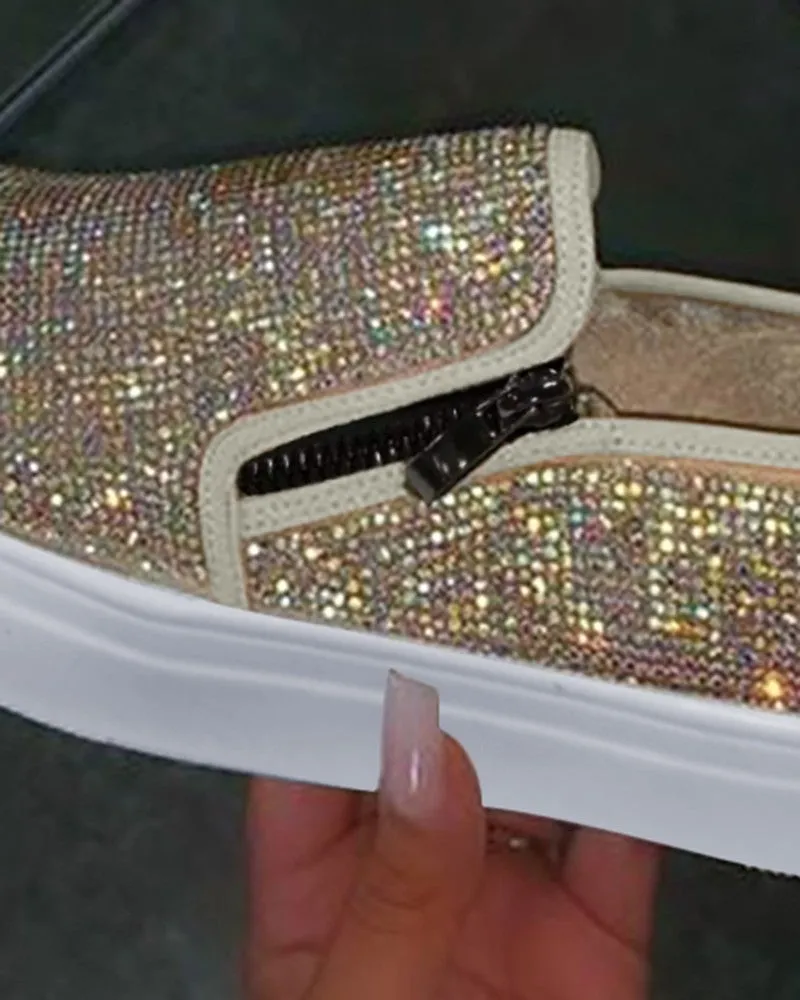 Rhinestone Zipper Design Close Toe Platform Shoes