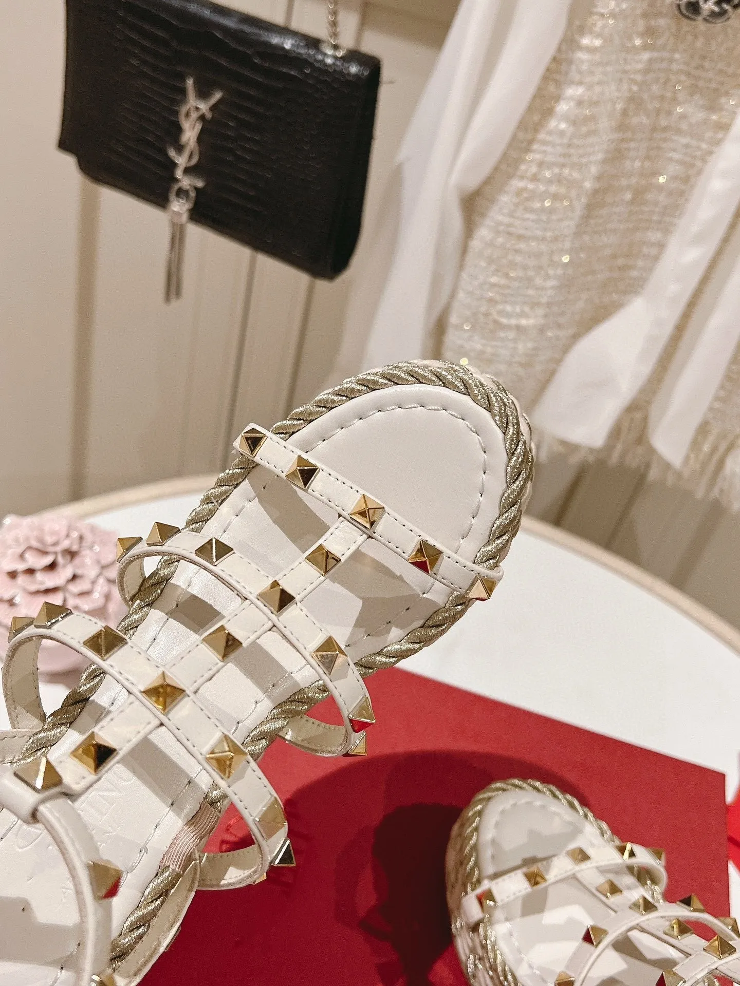 Rockstud Ankle Strap Wedge Sandal Calfskin White 10cm