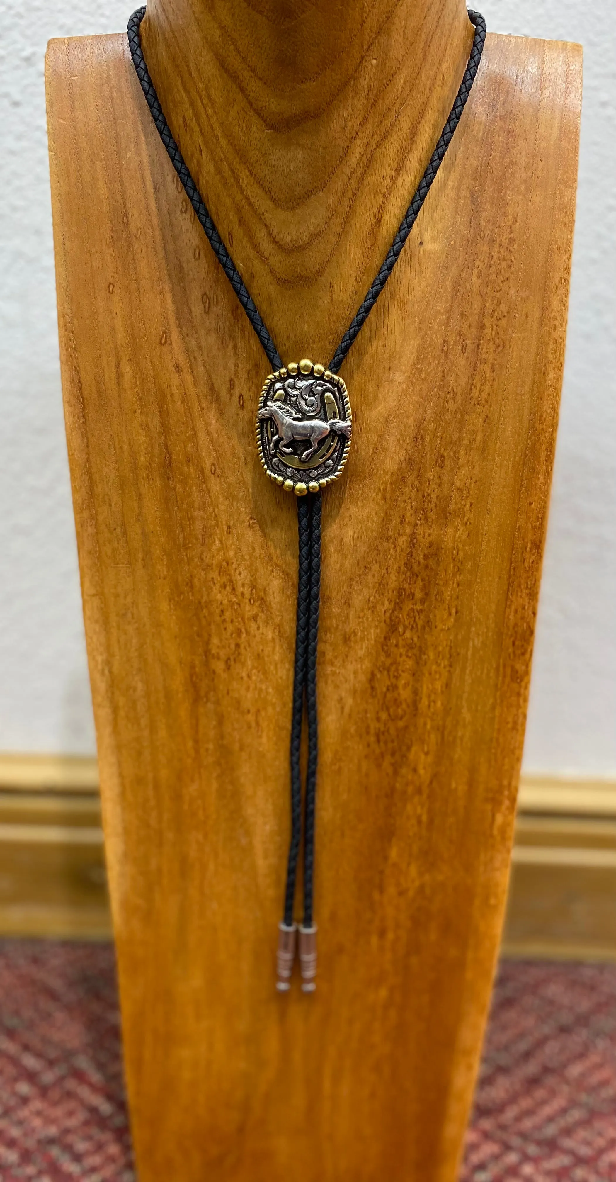 Running Horse on Horse Shoe Silver Bolo Tie
