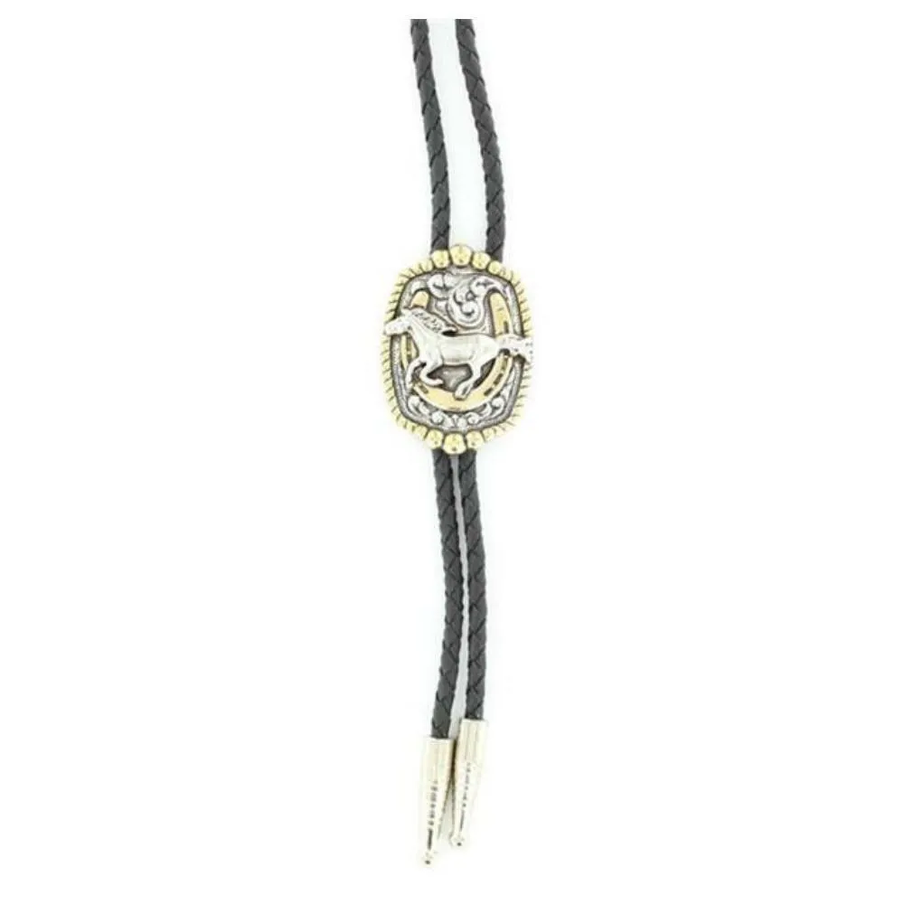 Running Horse on Horse Shoe Silver Bolo Tie