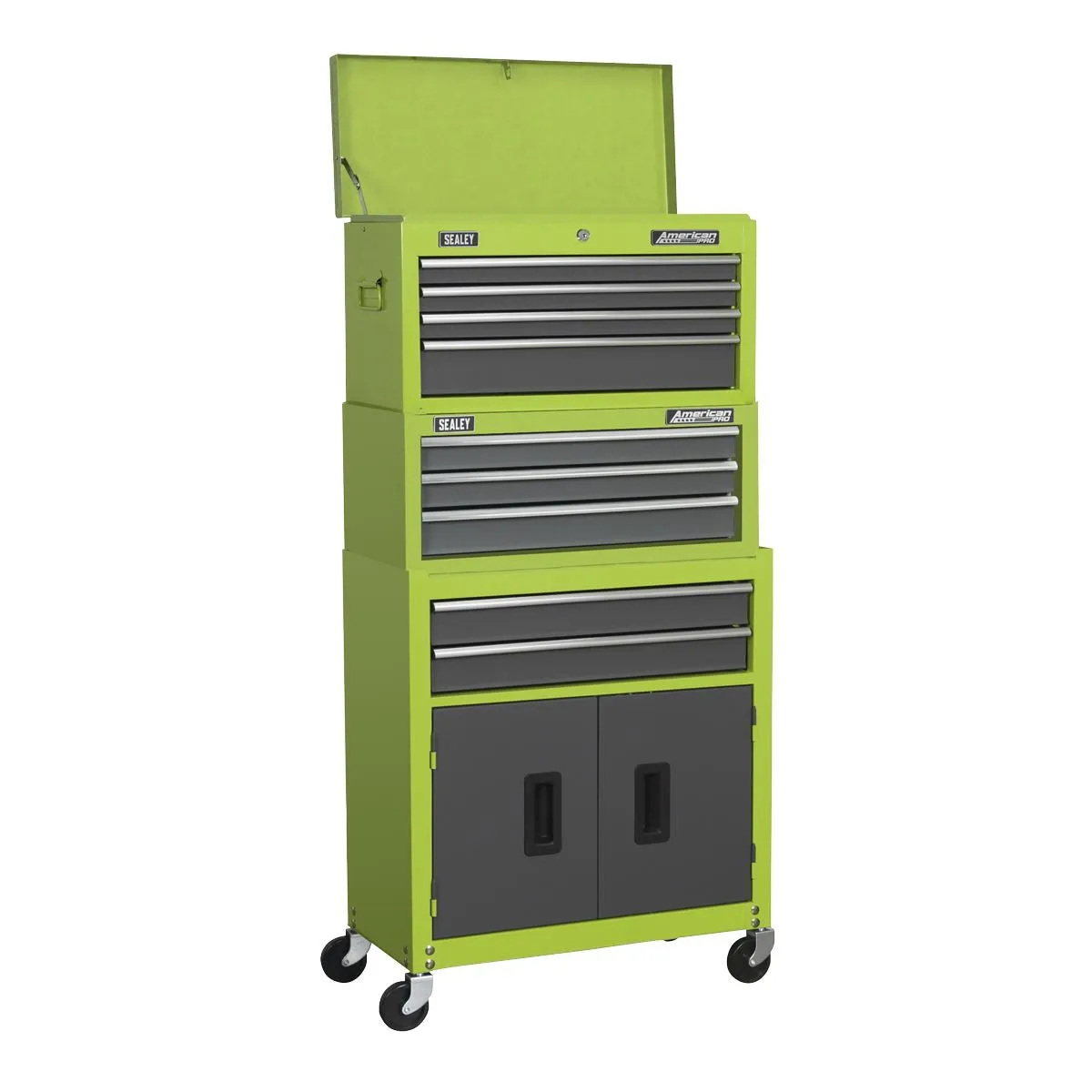 Sealey American Pro Topchest, Mid-Box Tool Chest & Rollcab 9 Drawer Stack - Green