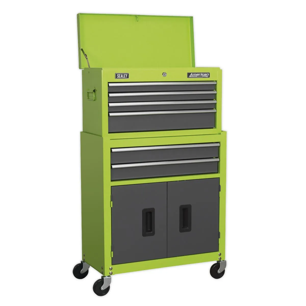 Sealey American Pro Topchest, Mid-Box Tool Chest & Rollcab 9 Drawer Stack - Green