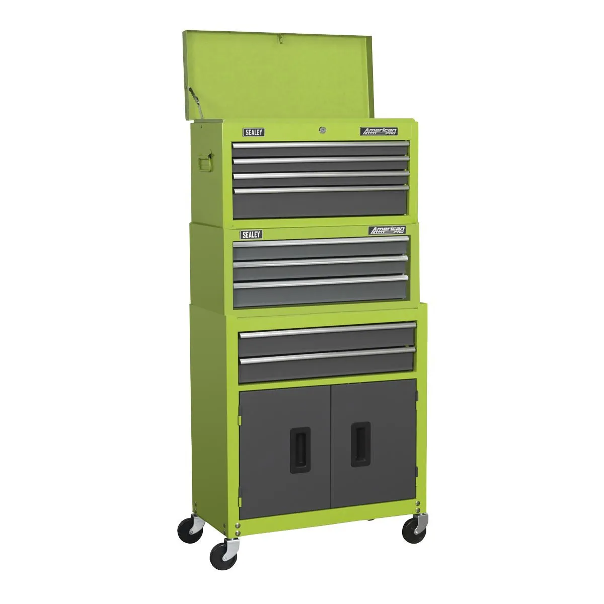 Sealey American Pro Topchest, Mid-Box Tool Chest & Rollcab 9 Drawer Stack - Green