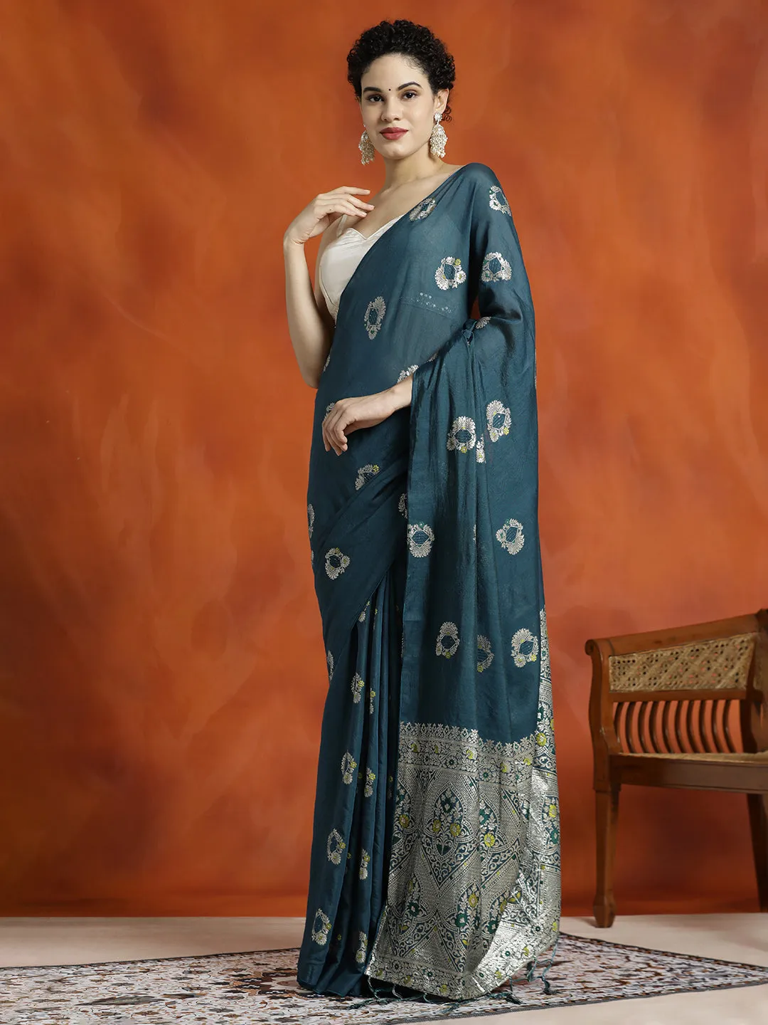 Teal Silk Blend Banarasi Zari Woven Saree