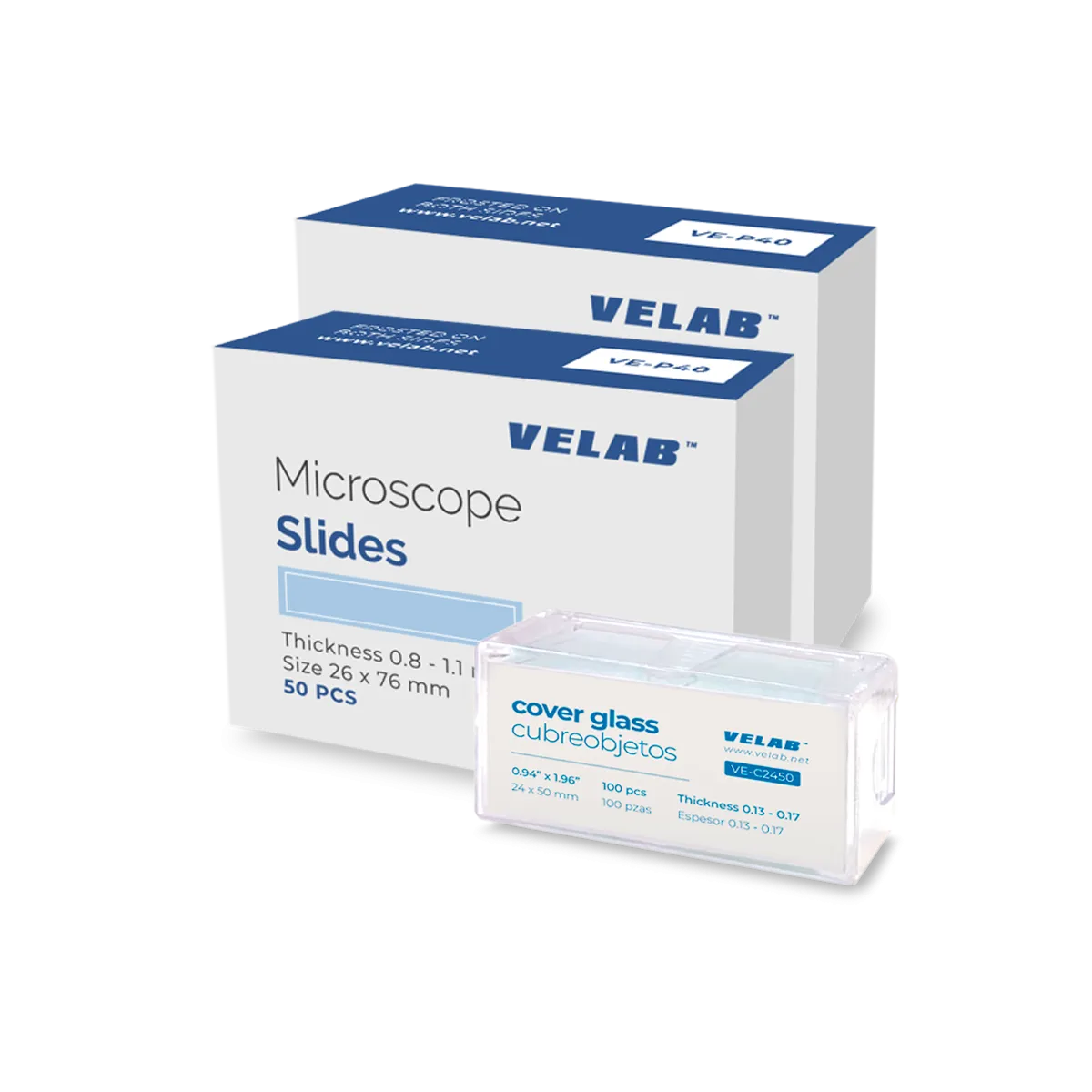 VE-P40 100 pcs Microscope Slides, Borosilicate Glass, Ground Edges, Double Frosted  &  100 pcs square glass covers.
